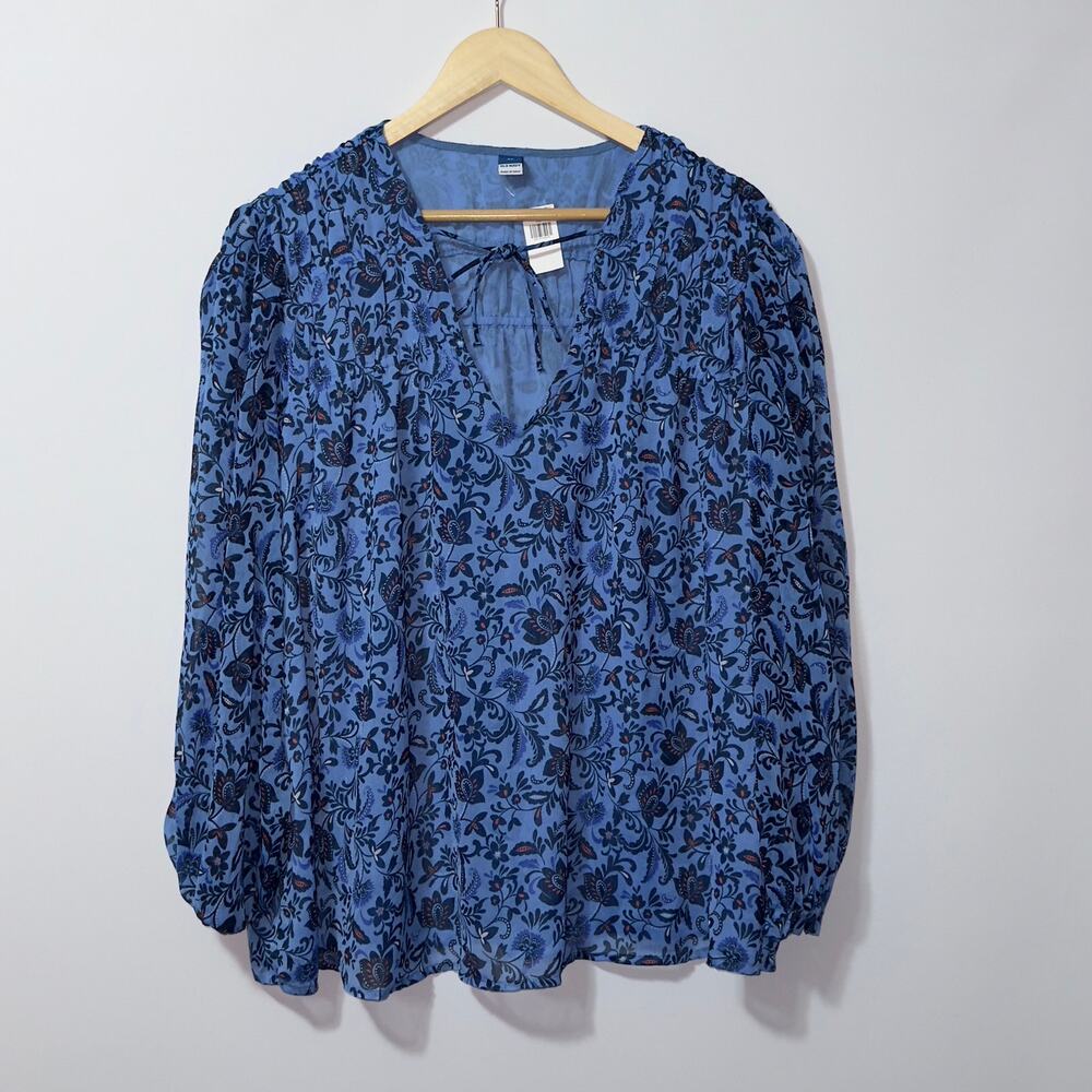 Old navy chiffon long sleeve smocked poet swing blue blouse women's size XL - Picture 1 of 8